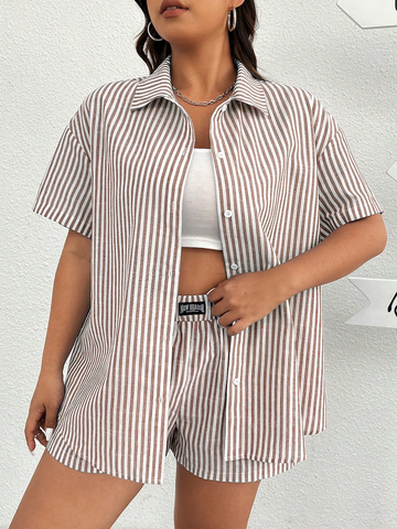 Set Nữ Vải Dệt Kaki Kẻ Sọc Trắng: Áo Sơ Mi & Quần Short Phong Cách Casual YN125