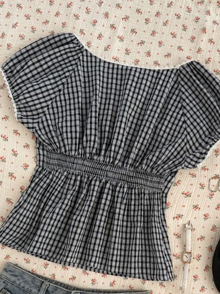 Áo Blouse Nữ Kẻ Caro Xanh Than Trắng Thanh Lịch YN127