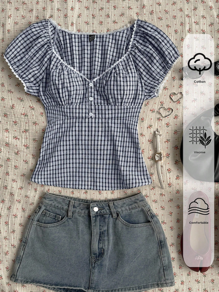 Áo Blouse Nữ Kẻ Caro Xanh Than Trắng Thanh Lịch YN127