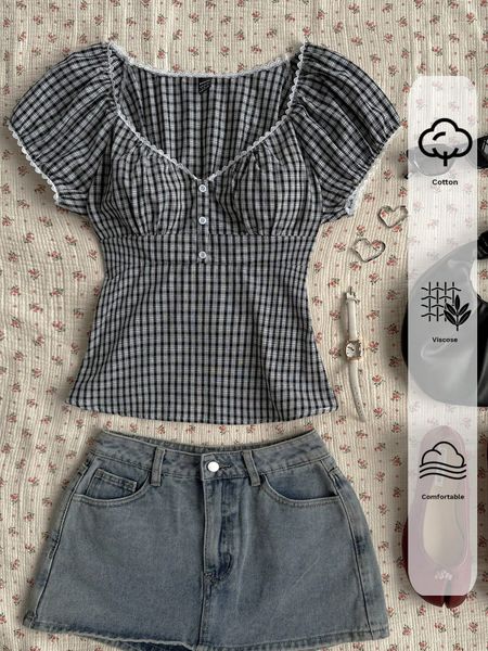 Áo Blouse Nữ Kẻ Caro Xanh Than Trắng Thanh Lịch YN127