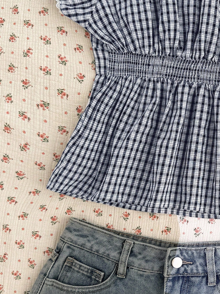 Áo Blouse Nữ Kẻ Caro Xanh Than Trắng Thanh Lịch YN127