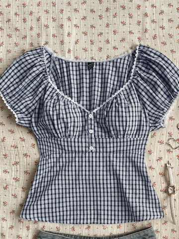 Áo Blouse Nữ Kẻ Caro Xanh Than Trắng Thanh Lịch YN127