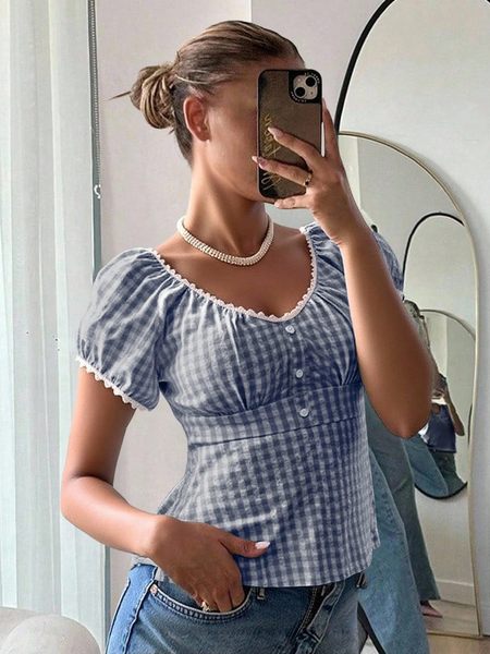 Áo Blouse Nữ Kẻ Caro Xanh Than Trắng Thanh Lịch YN127