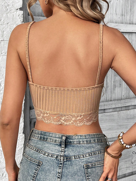 Áo croptop hai dây, dệt gân, màu trơn, phần ngực xếp ly và phối ren YN145
