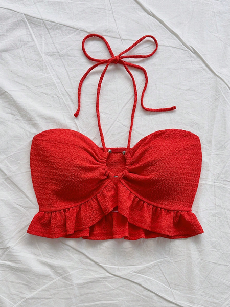 Áo Quây Nữ Đỏ Dệt Kim Vân Nổi, Cổ Khoét Giọt Lệ Buộc Dây YN146