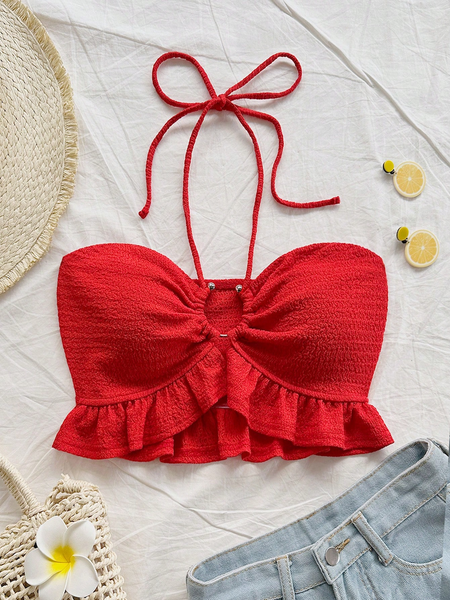 Áo Quây Nữ Đỏ Dệt Kim Vân Nổi, Cổ Khoét Giọt Lệ Buộc Dây YN146