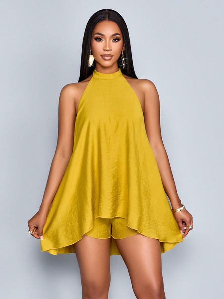 Jumpsuit Nữ Dáng Cổ Yếm Hở Lưng Màu Vàng YN150