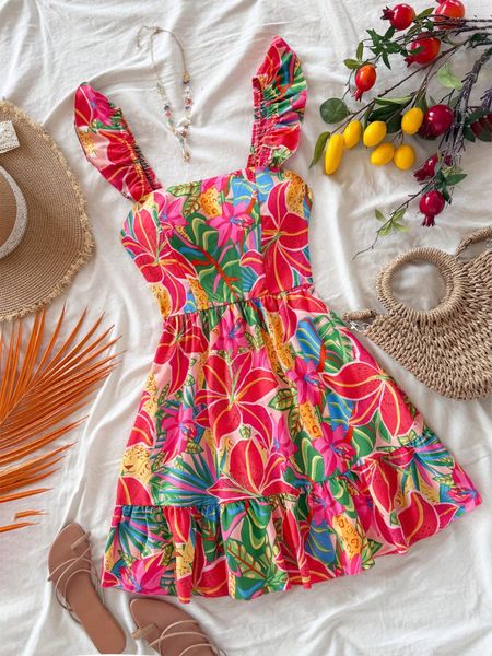 Đầm Nữ Dáng Suông Rộng Họa Tiết Hoa Nhiệt Đới Dây Bản To YN158