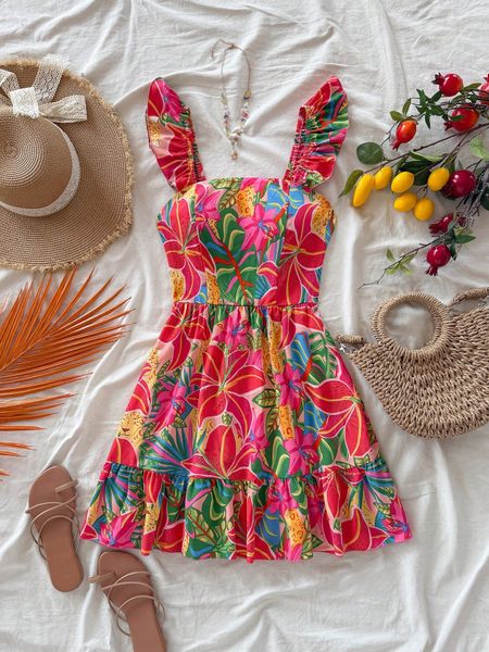 Đầm Nữ Dáng Suông Rộng Họa Tiết Hoa Nhiệt Đới Dây Bản To YN158