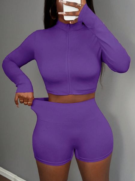 Bộ 3 Món Nữ Co Giãn: Áo Khoác Thun Dài Tay Cổ Đứng, Áo Croptop Sát Nách Và Quần Short Thể Thao YN161