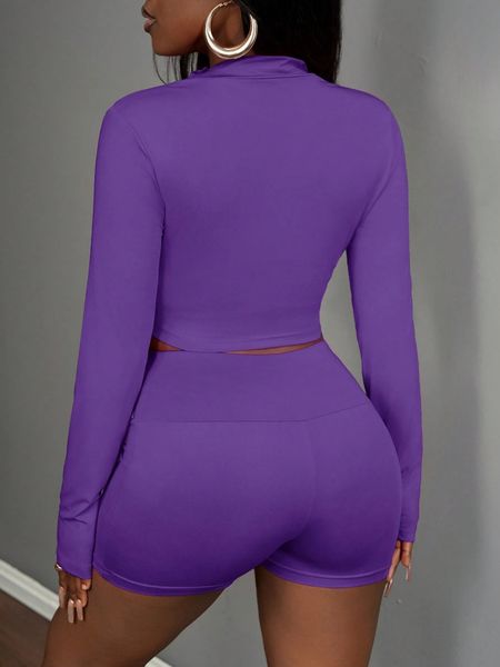 Bộ 3 Món Nữ Co Giãn: Áo Khoác Thun Dài Tay Cổ Đứng, Áo Croptop Sát Nách Và Quần Short Thể Thao YN161