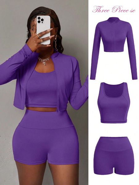 Bộ 3 Món Nữ Co Giãn: Áo Khoác Thun Dài Tay Cổ Đứng, Áo Croptop Sát Nách Và Quần Short Thể Thao YN161