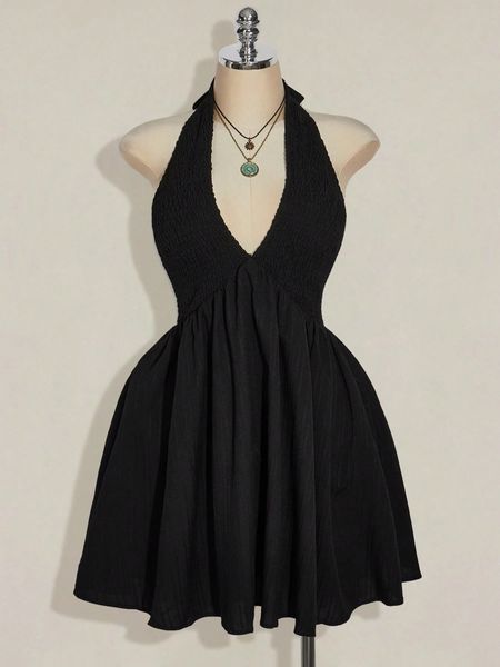 Đầm Cổ Yếm Big Size Màu Đen Dáng Chữ A Hở Lưng, Thắt Eo Dây Rút - Chất Liệu Dệt YN164