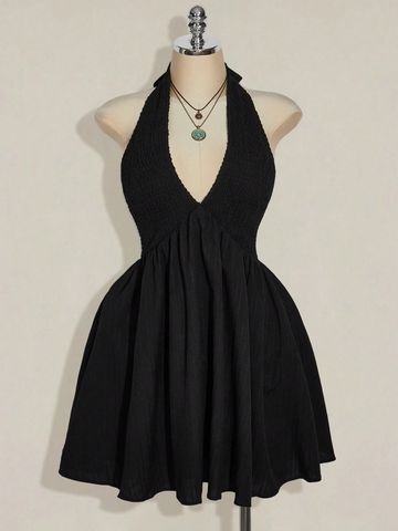 Đầm Cổ Yếm Big Size Màu Đen Dáng Chữ A Hở Lưng, Thắt Eo Dây Rút - Chất Liệu Dệt YN164
