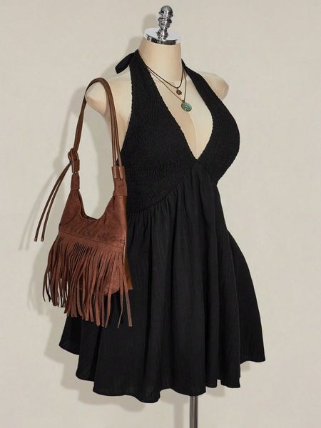 Đầm Cổ Yếm Big Size Màu Đen Dáng Chữ A Hở Lưng, Thắt Eo Dây Rút - Chất Liệu Dệt YN164