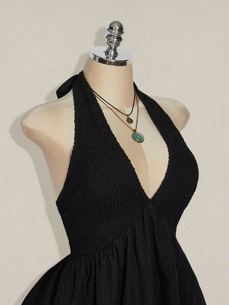 Đầm Cổ Yếm Big Size Màu Đen Dáng Chữ A Hở Lưng, Thắt Eo Dây Rút - Chất Liệu Dệt YN164