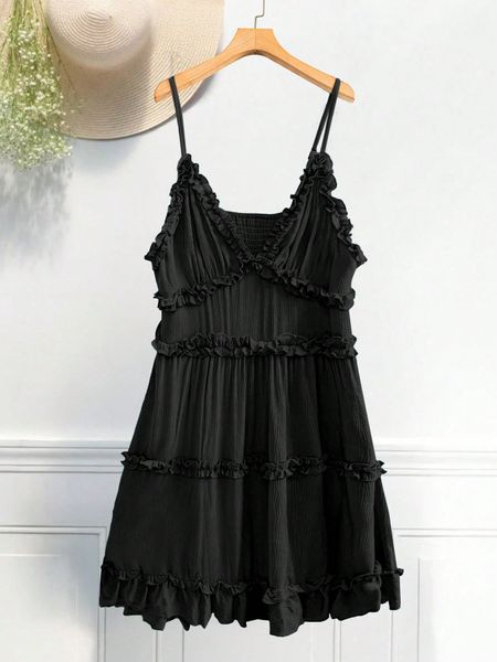 Đầm Midi Mùa Hè Dây Mảnh Bèo Nhún, Màu Trơn Thanh Lịch YN167