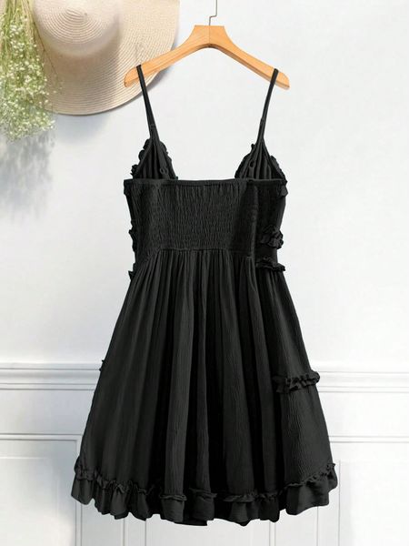 Đầm Midi Mùa Hè Dây Mảnh Bèo Nhún, Màu Trơn Thanh Lịch YN167