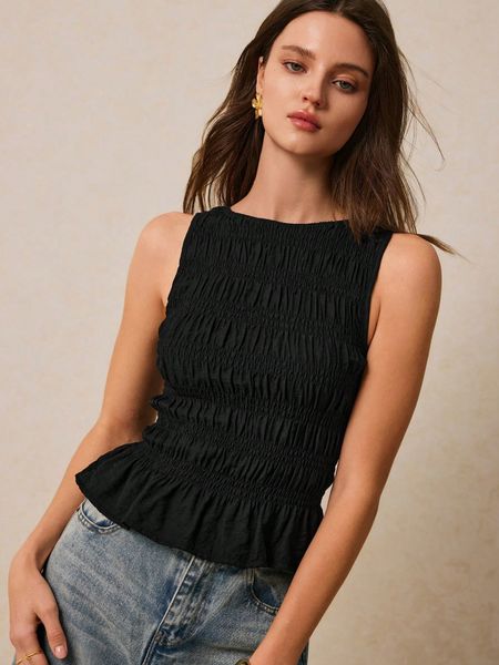 Áo Sát Nách Nữ Cổ Tròn Phối Xếp Ly Màu Trơn YN173