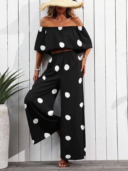 Set đồ nữ 2 món: Áo croptop trễ vai họa tiết chấm bi và Quần ống rộng dáng suông thoải mái YN176