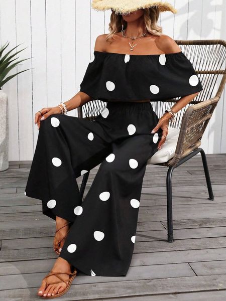 Set đồ nữ 2 món: Áo croptop trễ vai họa tiết chấm bi và Quần ống rộng dáng suông thoải mái YN176