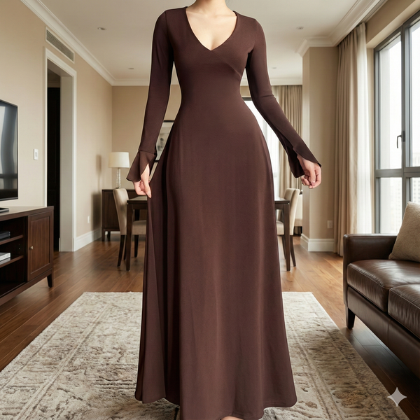 Đầm tay dài cổ tim tay dáng xoá form xoè nhẹ phong cách thanh lịch sang trọng YN204