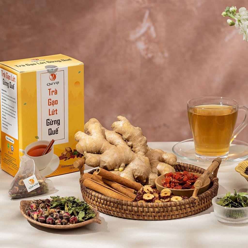 Trà Gạo lứt Gừng Quế Quê Việt ấm bụng ngày dâu hộp 400G