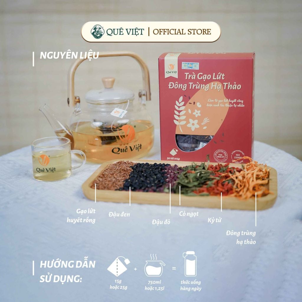 Combo 2 hộp Trà gạo lứt Đông trùng hạ thảo Quê Việt - Hộp 150G, 450G, 600G