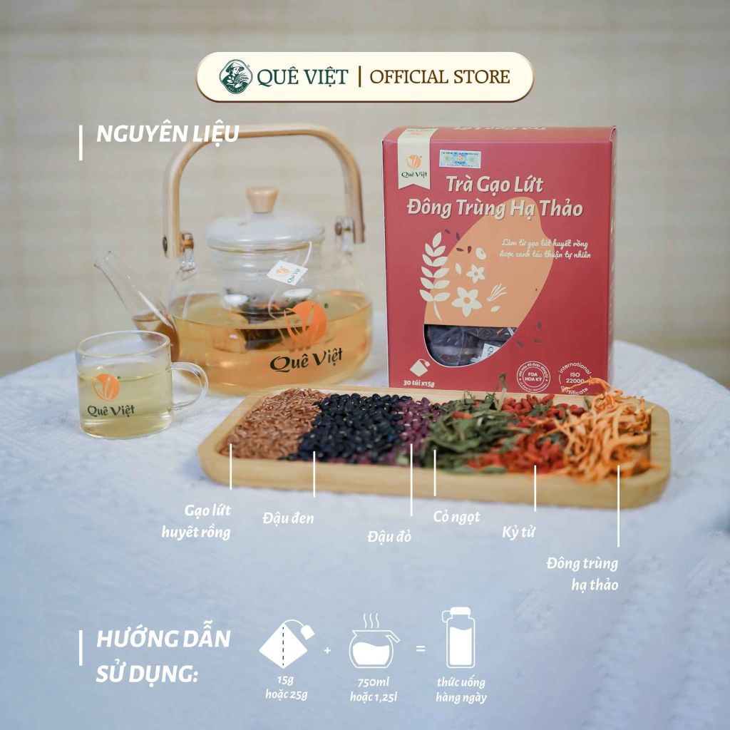 Combo 3 hộp Trà gạo lứt Đông trùng hạ thảo Quê Việt - TẶNG 1 trà Good Lứt 150G