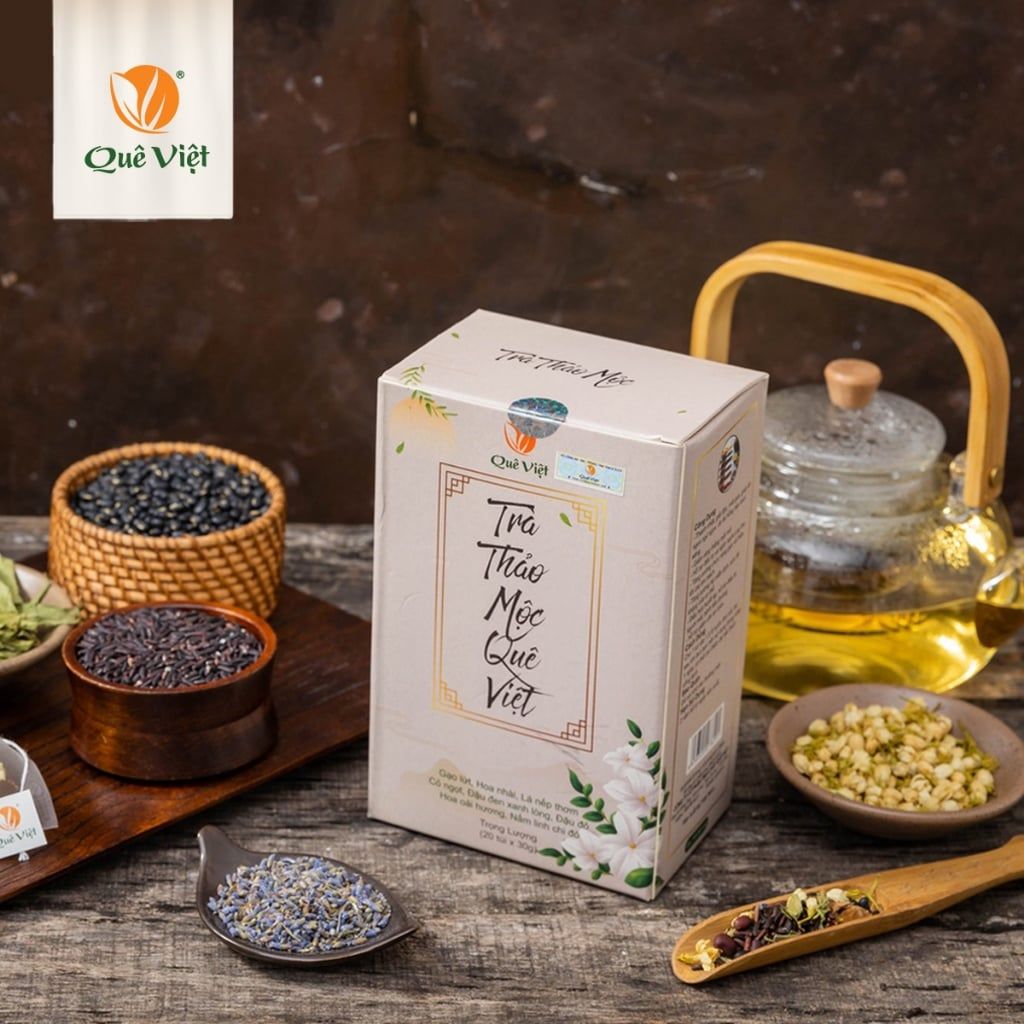 Trà thảo mộc Quê Việt - Mát gan, ngủ ngon, giảm căng thẳng mệt mỏi, nguyên liệu hữu cơ - Hộp 600g