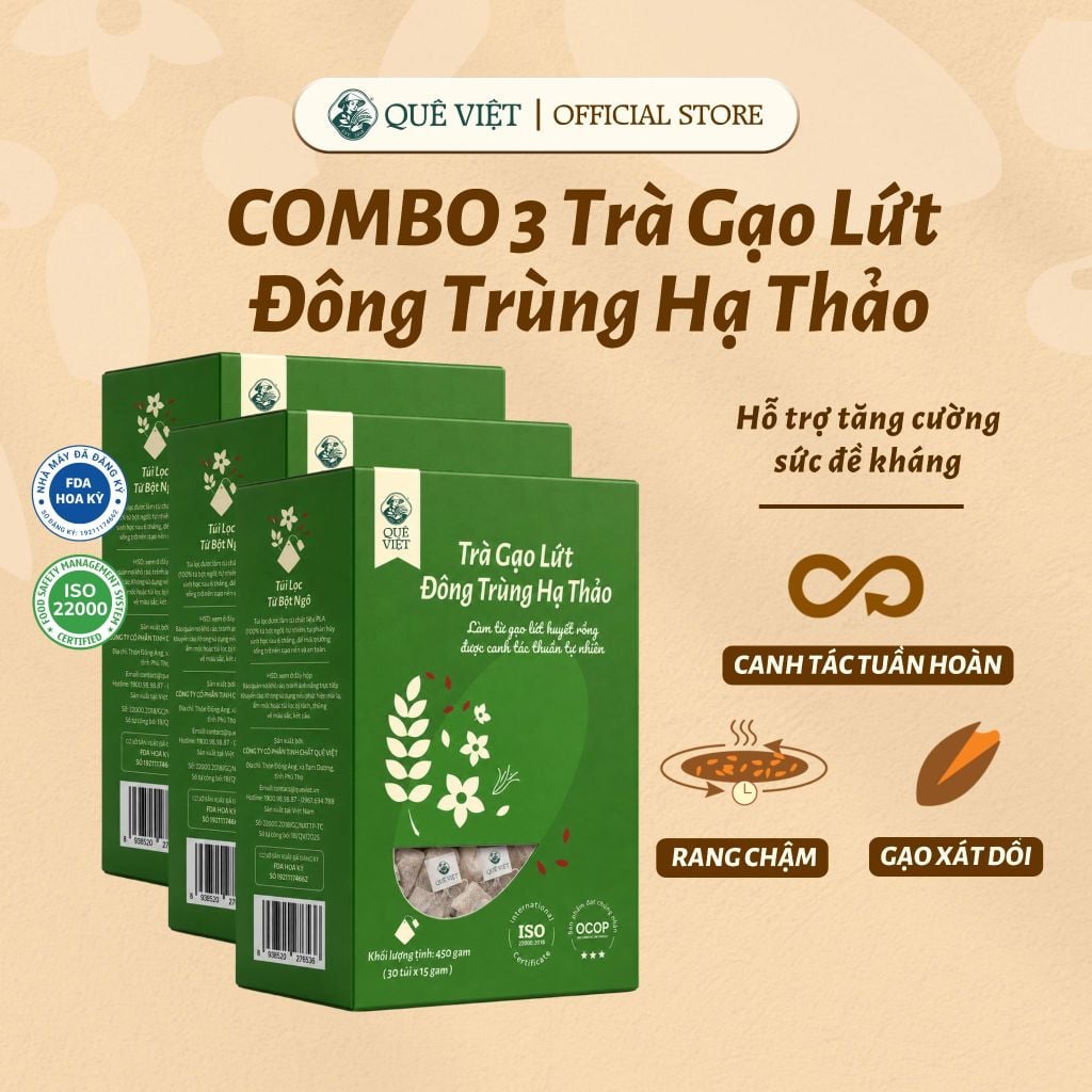 Combo 3 hộp Trà gạo lứt Đông trùng hạ thảo Quê Việt hỗ trợ bồi bổ khí huyết, thanh lọc cơ thể mát gan - Hộp [450g, 600g]