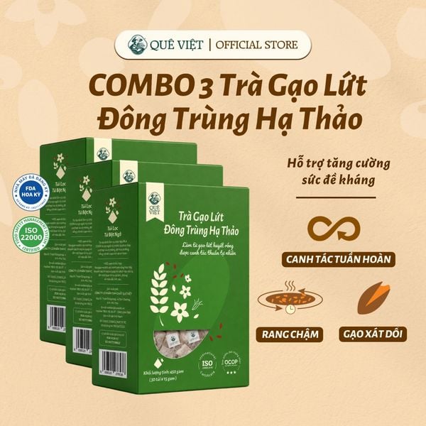 Combo 3 hộp Trà gạo lứt Đông trùng hạ thảo Quê Việt hỗ trợ bồi bổ khí huyết, thanh lọc cơ thể mát gan - Hộp [450g, 600g]