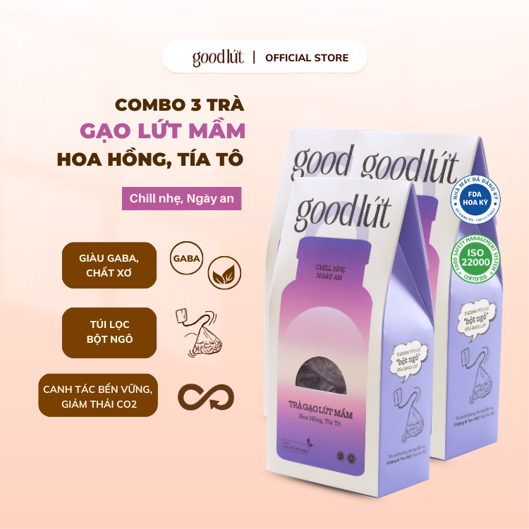 Combo 3 Trà gạo lứt mầm hoa hồng tía tô Good Lứt - Thư giãn tinh thần, cải thiện tiêu hoá, dưỡng sáng da an toàn lành tính - Hộp 150G
