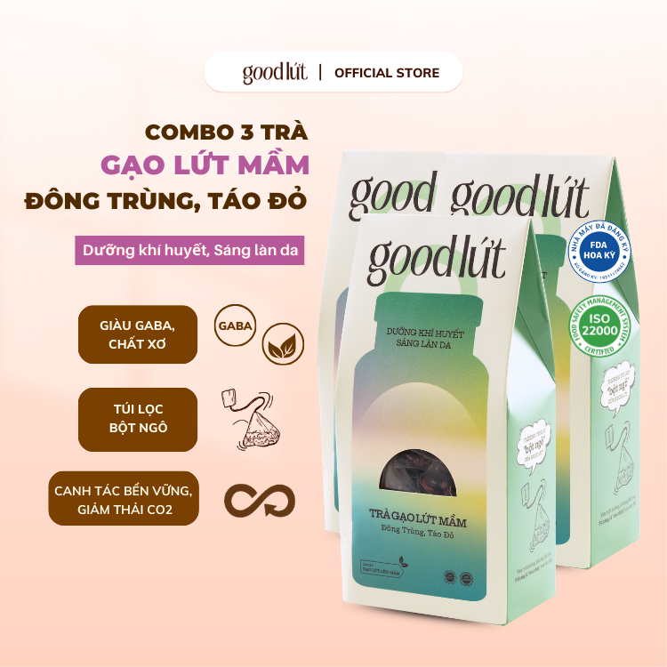 Combo 3 Trà gạo lứt mầm đông trùng táo đỏ Good Lứt - Cải thiện giấc ngủ, dưỡng sáng làn da lành tính, an toàn cho sức khoẻ - Hộp 150G