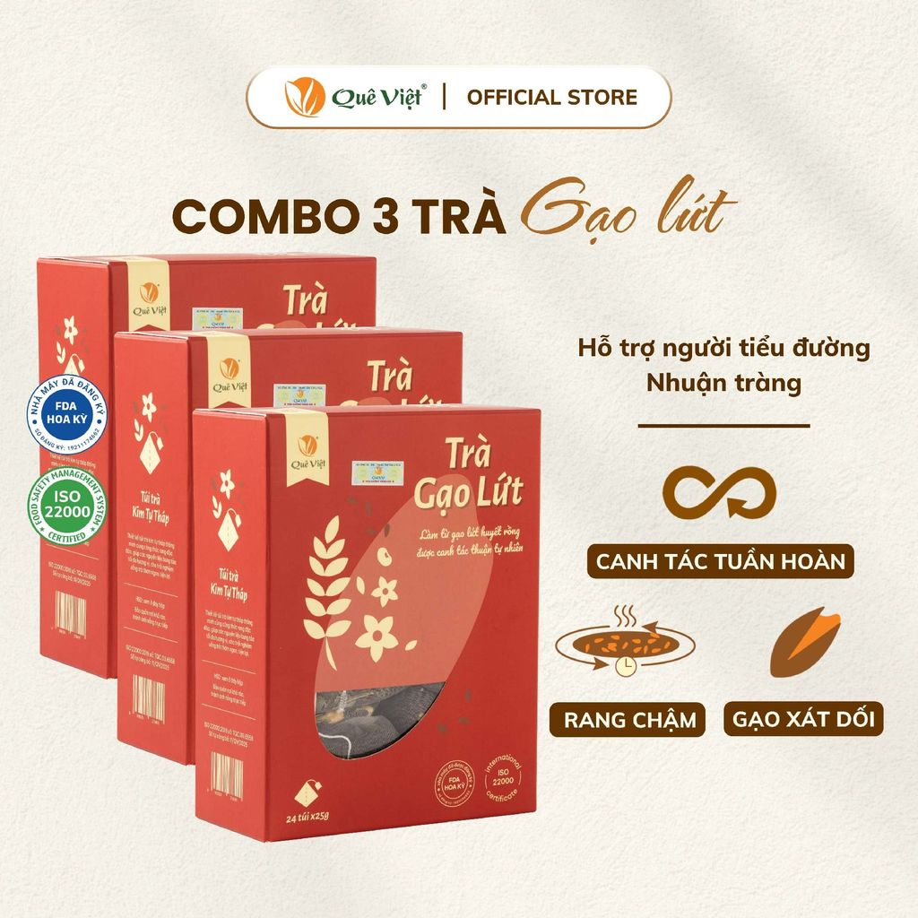 Combo 3 hộp Trà gạo lứt Quê Việt thanh lọc gan, giải độc cơ thể TẶNG 1 trà Good Lứt 150G - Hộp 600G, 450G
