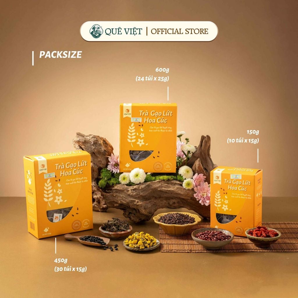 Combo 2 hộp Trà gạo lứt hoa cúc Quê Việt - Hộp 600G, 450G