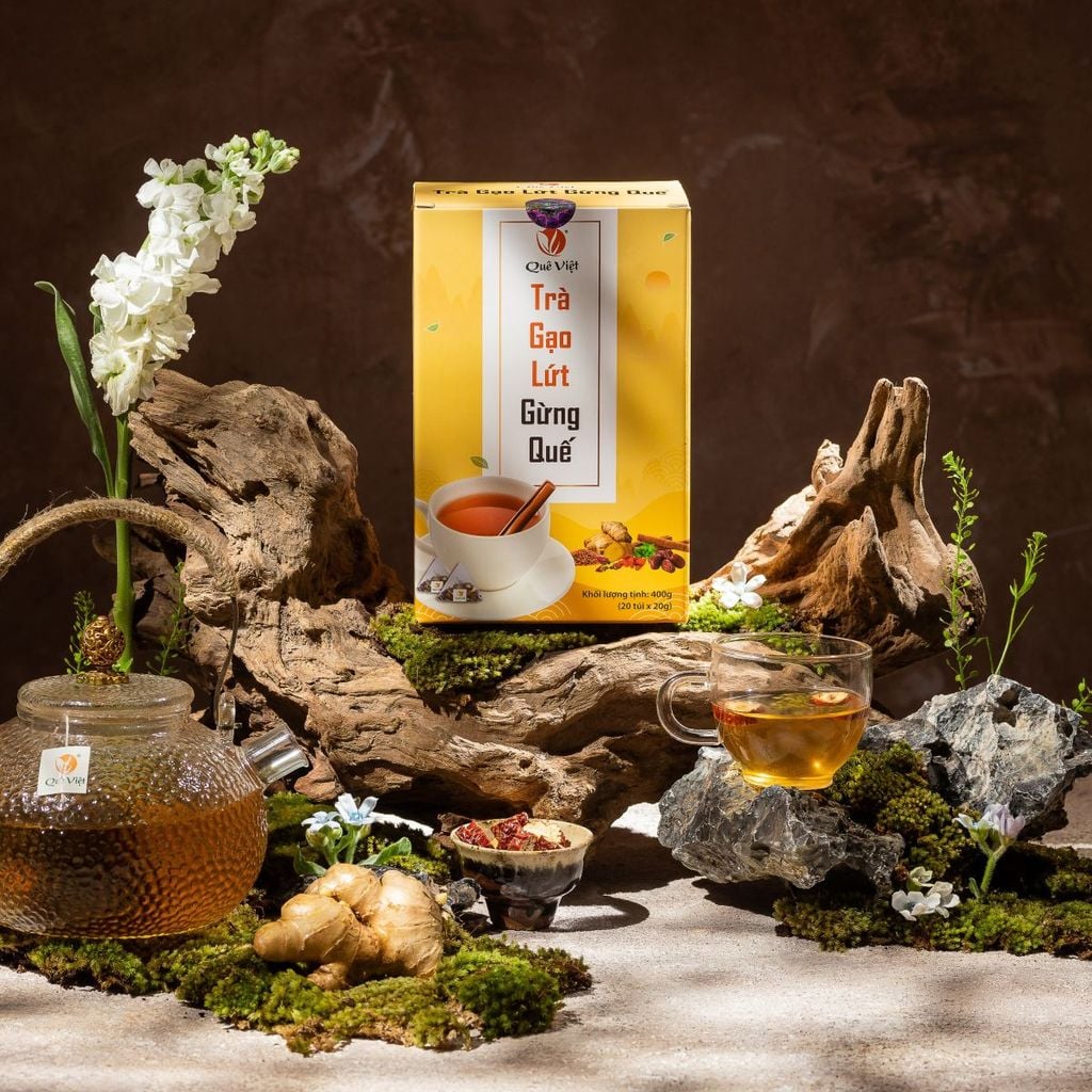 Trà Gạo lứt Gừng Quế Quê Việt ấm bụng ngày dâu hộp 400G