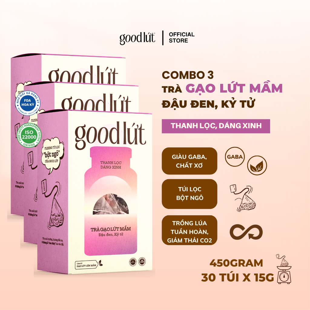 Combo 3 Trà gạo lứt mầm đậu đen kỷ tử Good Lứt Thanh lọc cơ thể nguyên liệu tự nhiên, lành tính - Hộp 450G