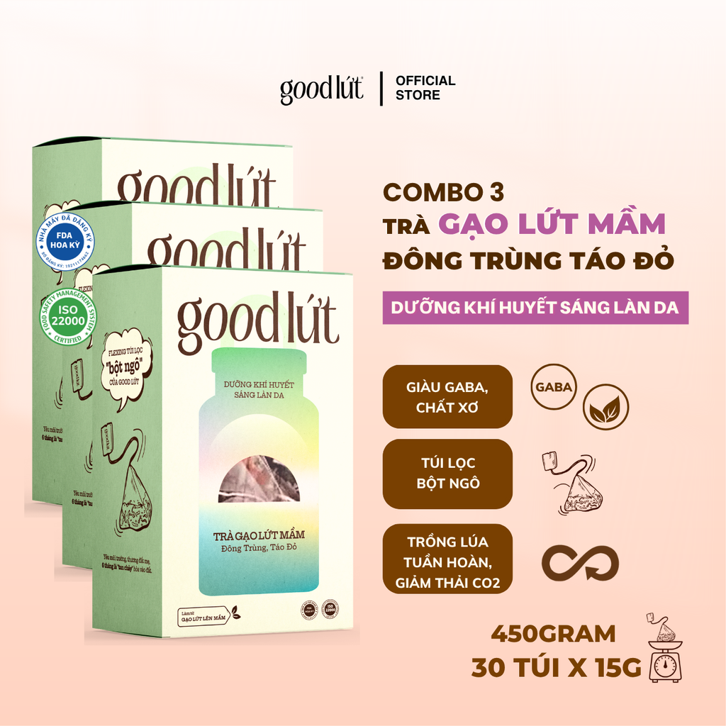 Combo 3 Trà gạo lứt mầm đông trùng táo đỏ Good Lứt - Cải thiện giấc ngủ, dưỡng sáng làn da lành tính, an toàn cho sức khoẻ - Hộp 450G
