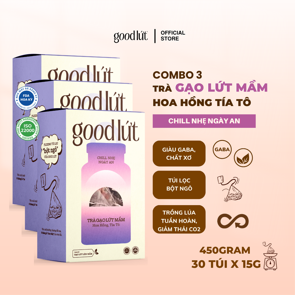 Combo 3 Trà gạo lứt mầm hoa hồng tía tô Good Lứt – Thư giãn tinh thần, hỗ trợ tiêu hoá, sáng da an toàn lành tính - Hộp 450G