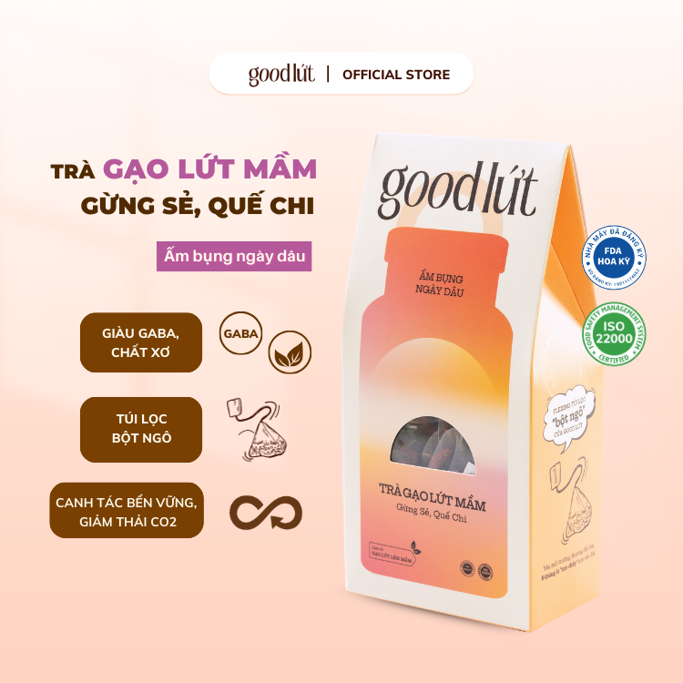 Trà gạo lứt mầm gừng sẻ quế chi Good Lứt - Thư giãn tinh thần, làm ấm cơ thể nguyên liệu an toàn, tự nhiên - Hộp 150G