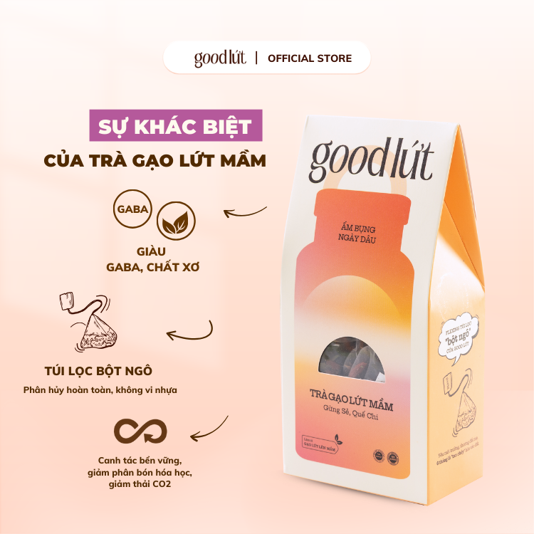 Combo 3 Trà gạo lứt mầm gừng sẻ quế chi Good Lứt - Thư giãn tinh thần, làm ấm cơ thành phần tự nhiên, an toàn - Hộp 150G