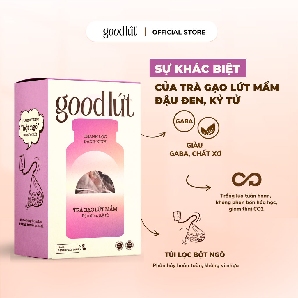 Trà gạo lứt mầm đậu đen kỷ tử Good Lứt Thanh lọc cơ thể nguyên liệu tự nhiên, lành tính - Hộp 450G