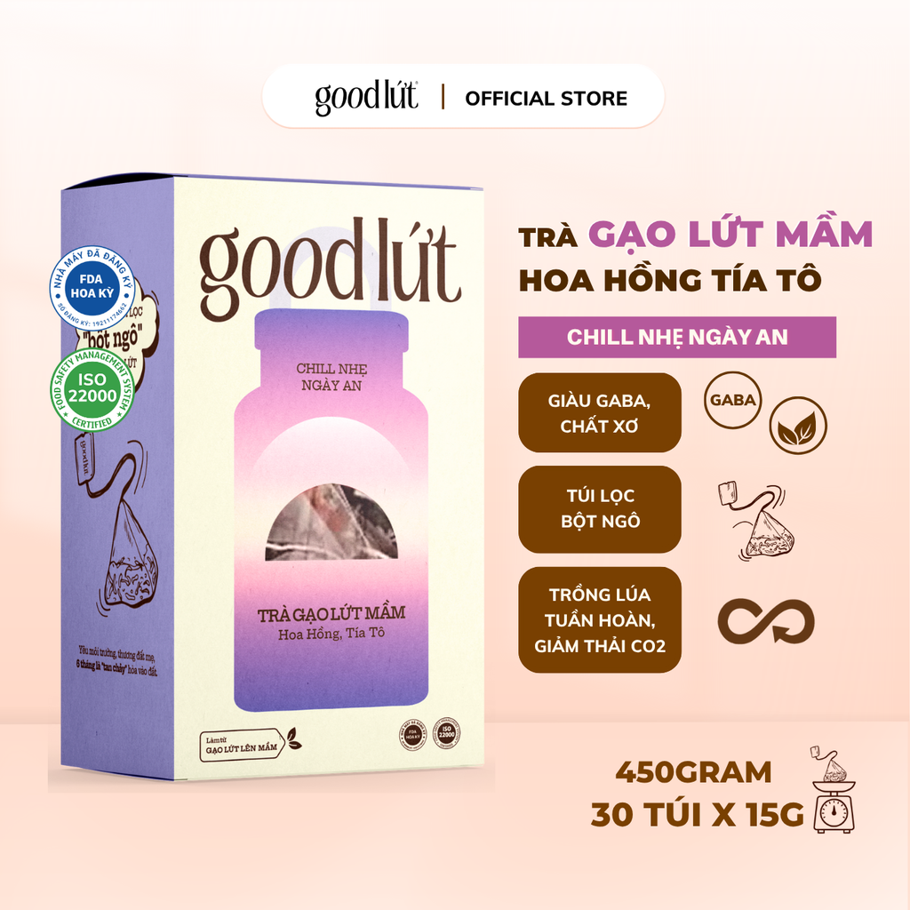 Trà gạo lứt mầm hoa hồng tía tô Good Lứt – Thư giãn tinh thần, hỗ trợ tiêu hoá, sáng da an toàn lành tính - Hộp 450G