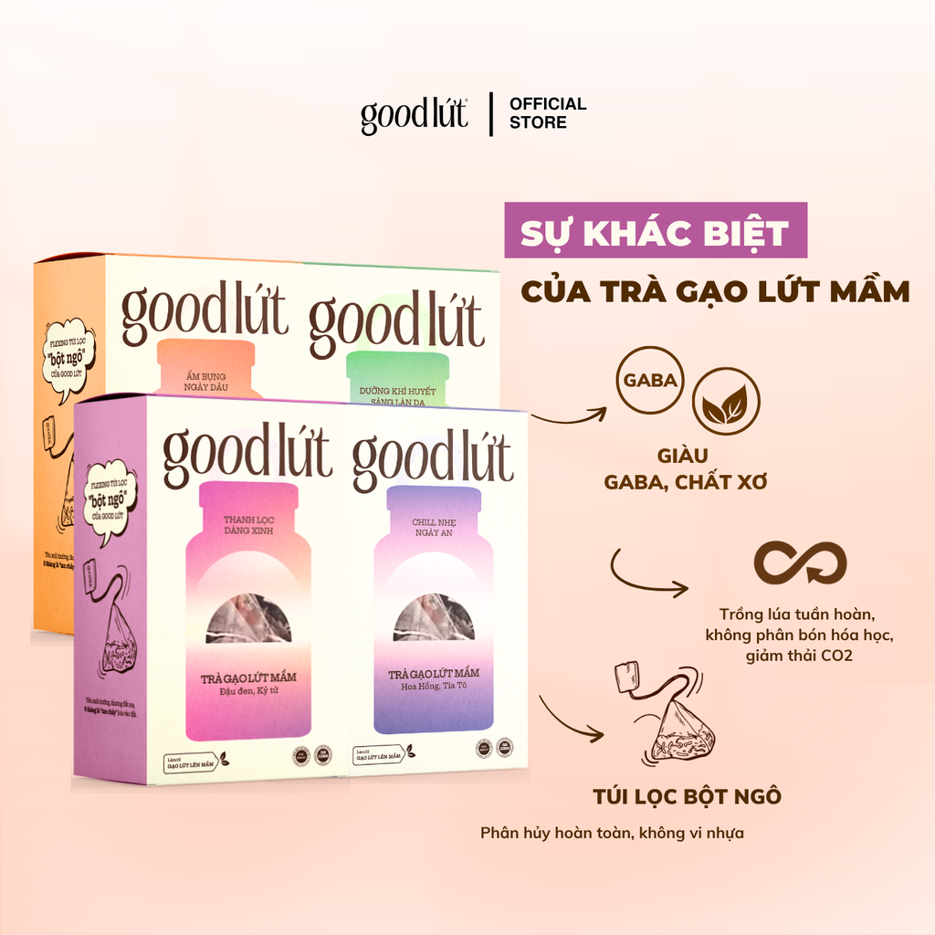 Trà gạo lứt mầm Good Lứt - Thanh nhiệt, đẹp da, tăng cường miễn dịch an toàn, tự nhiên, tốt cho sức khoẻ 450G