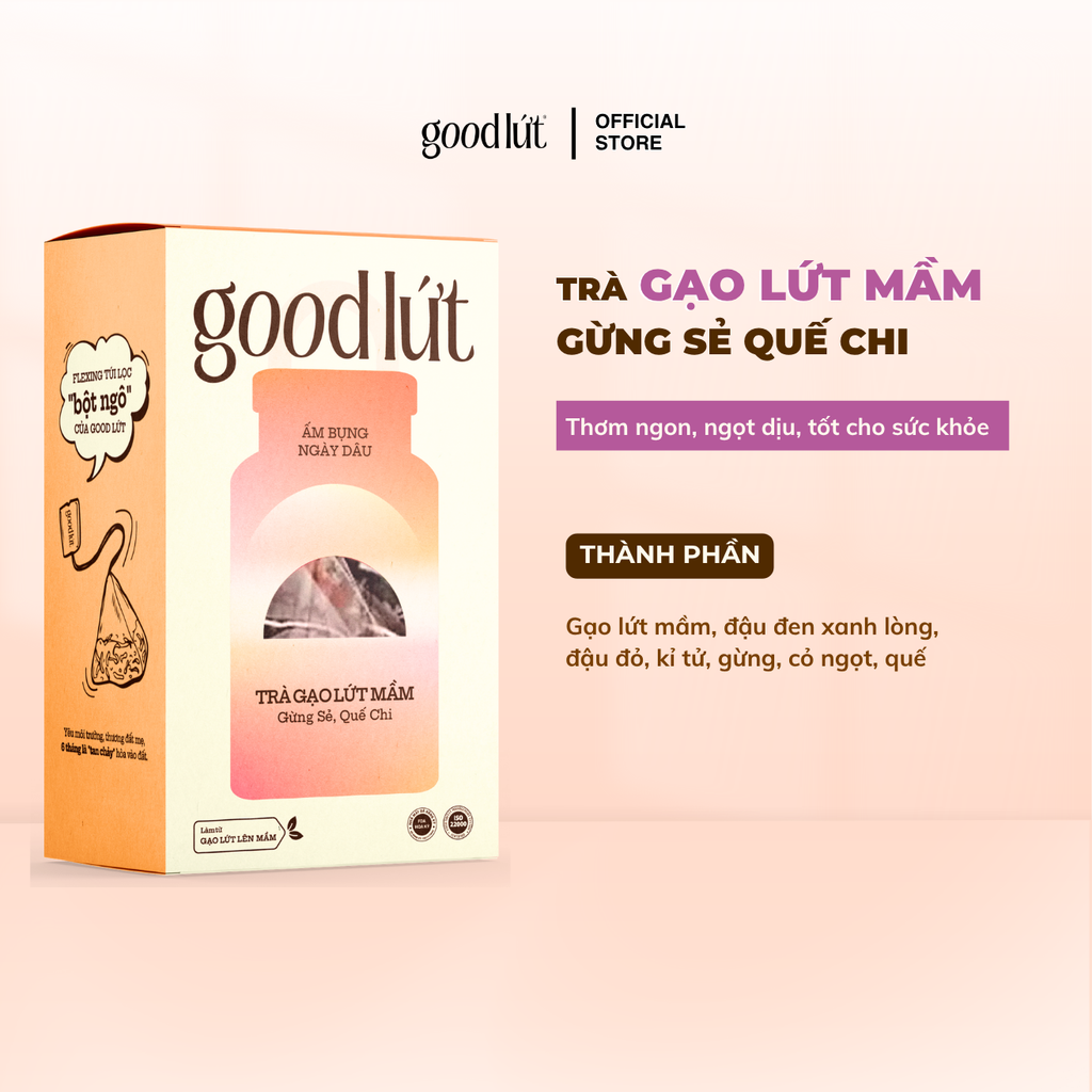Trà gạo lứt mầm gừng sẻ quế chi Good Lứt - Thư giãn tinh thần, làm ấm cơ thể nguyên liệu an toàn, tự nhiên - Hộp 450G