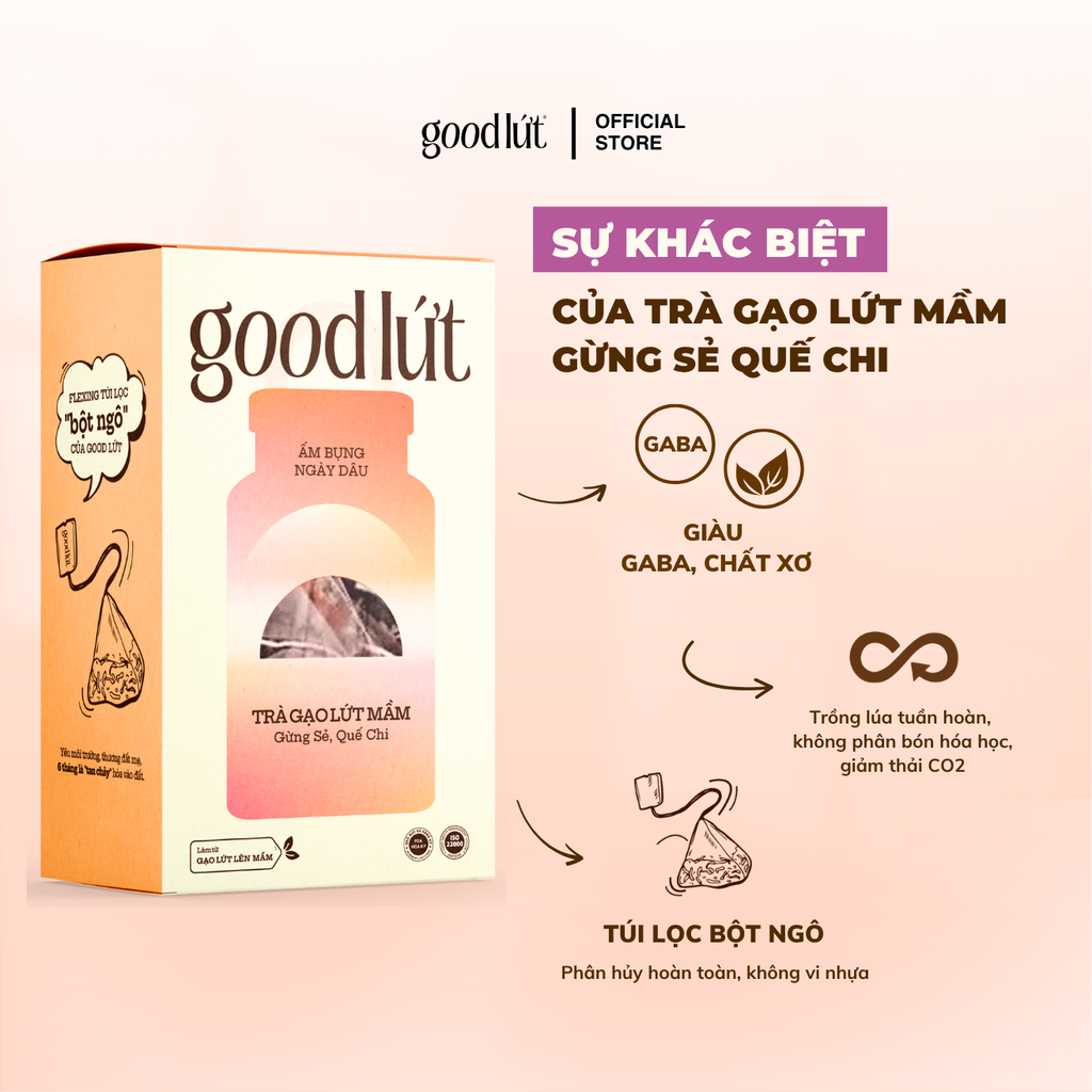 Trà gạo lứt mầm gừng sẻ quế chi Good Lứt - Thư giãn tinh thần, làm ấm cơ thể nguyên liệu an toàn, tự nhiên - Hộp 450G