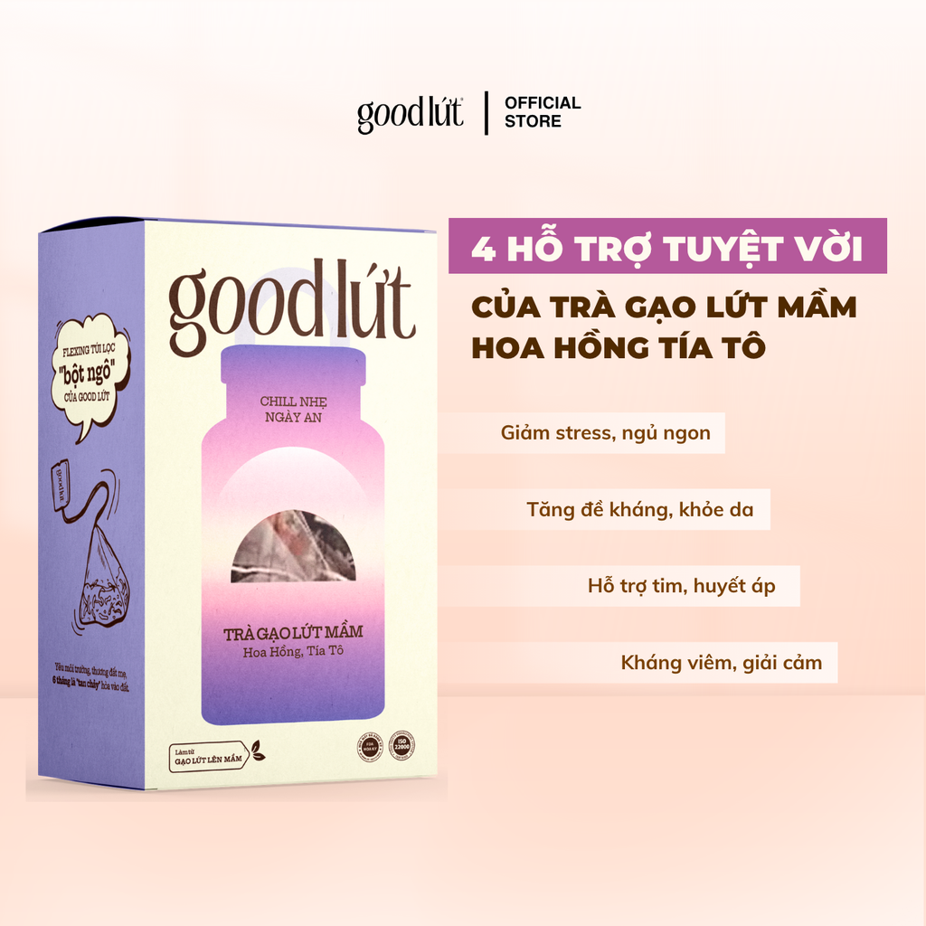 Trà gạo lứt mầm hoa hồng tía tô Good Lứt – Thư giãn tinh thần, hỗ trợ tiêu hoá, sáng da an toàn lành tính - Hộp 450G