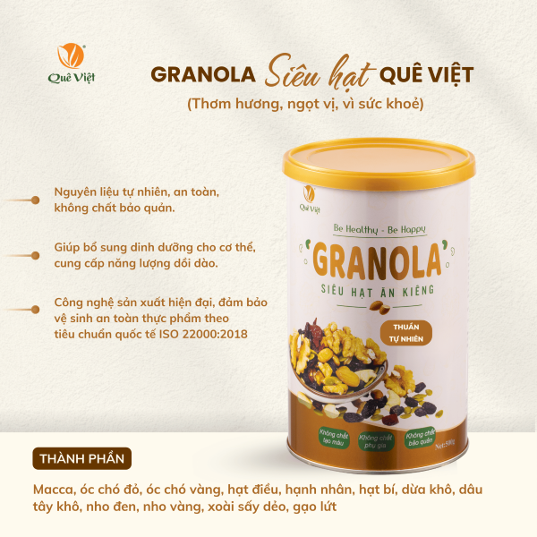 Granola siêu hạt ngũ cốc ăn kiêng Quê Việt, nguyên liệu hữu cơ - Hộp 500G