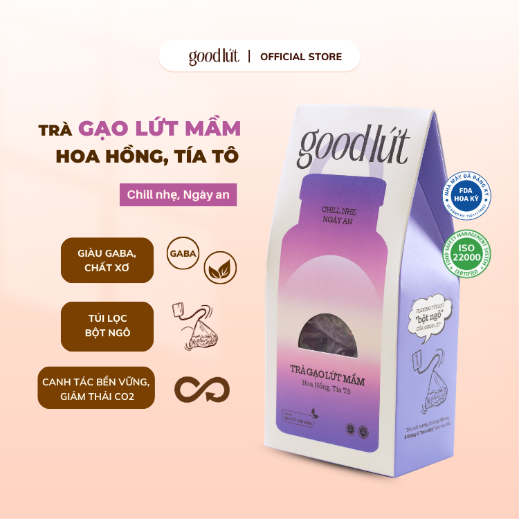Trà gạo lứt mầm hoa hồng tía tô Good Lứt - Thư giãn tinh thần, cải thiện tiêu hoá, dưỡng sáng da an toàn lành tính - Hộp 150G